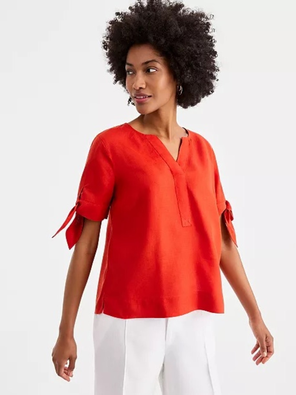 100% Pure Linen V-Neck Blouse XS Red Coastal Grandmother Vacation Minimal Preppy